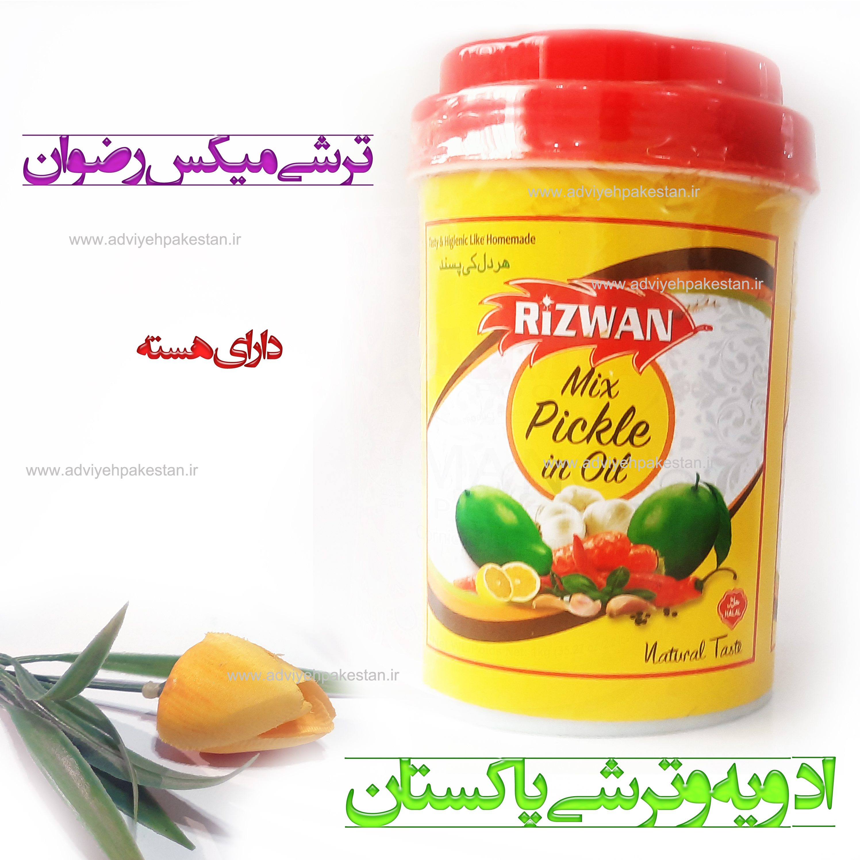 ترشی میکس (انبه  مخلوط)نیم کیلوئی روغنی رضوان (REZWAN-RIZWAN) اصل پاکستان (وزن خالص ۴۰۰ گرم)